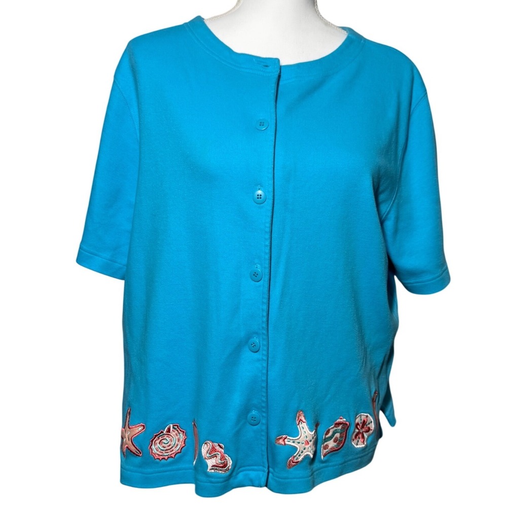 Vintage Bechamel Cardigan Sea Shell Starfish Embroidered L Blue Nautical Top